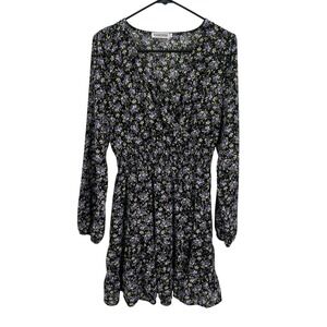 Floral Mini Dress L Black Purple Long Sleeve Smocked Cottagecore Indie